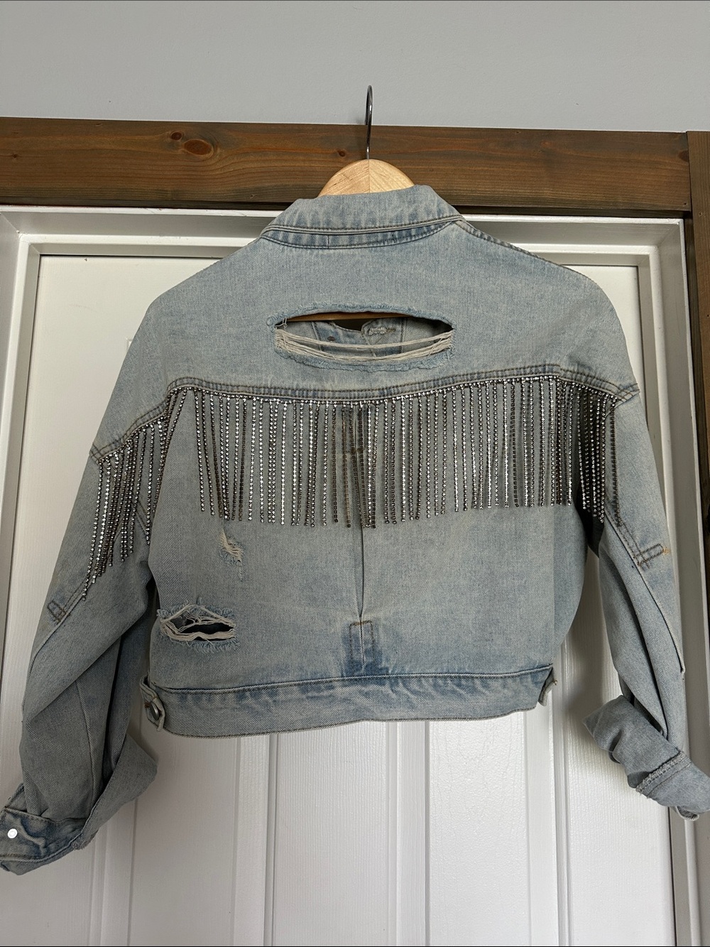 Cropped Light Blue Distressed Denim Jacket - Women
